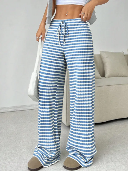 Casual Striped Drawstring Pants – Effortless Comfort with Rubber Band Waist and Straight Leg Design - Shello's Creative Boutique