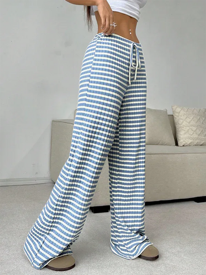 Casual Striped Drawstring Pants – Effortless Comfort with Rubber Band Waist and Straight Leg Design - Shello's Creative Boutique