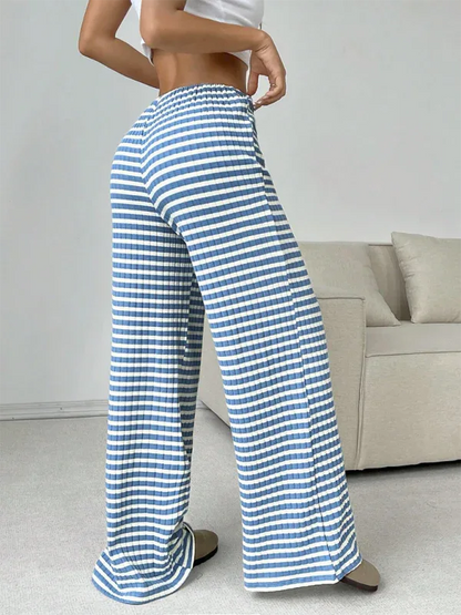 Casual Striped Drawstring Pants – Effortless Comfort with Rubber Band Waist and Straight Leg Design - Shello's Creative Boutique