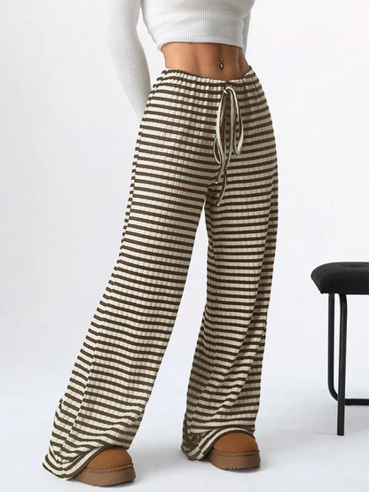 Casual Striped Drawstring Pants – Effortless Comfort with Rubber Band Waist and Straight Leg Design - Shello's Creative Boutique