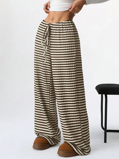Casual Striped Drawstring Pants – Effortless Comfort with Rubber Band Waist and Straight Leg Design - Shello's Creative Boutique