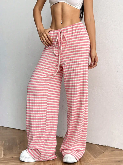 Casual Striped Drawstring Pants – Effortless Comfort with Rubber Band Waist and Straight Leg Design - Shello's Creative Boutique