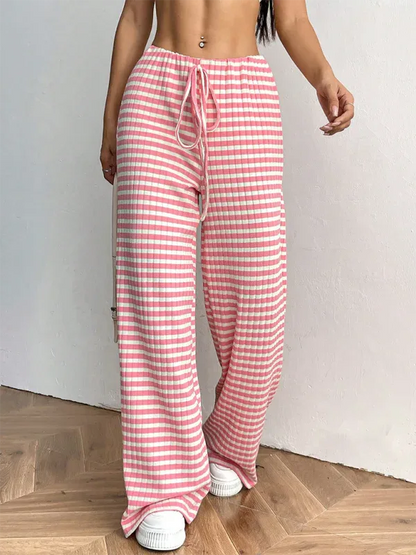 Casual Striped Drawstring Pants – Effortless Comfort with Rubber Band Waist and Straight Leg Design - Shello's Creative Boutique