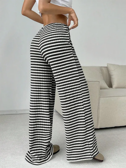 Casual Striped Drawstring Pants – Effortless Comfort with Rubber Band Waist and Straight Leg Design - Shello's Creative Boutique
