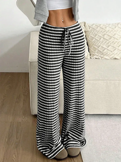 Casual Striped Drawstring Pants – Effortless Comfort with Rubber Band Waist and Straight Leg Design - Shello's Creative Boutique