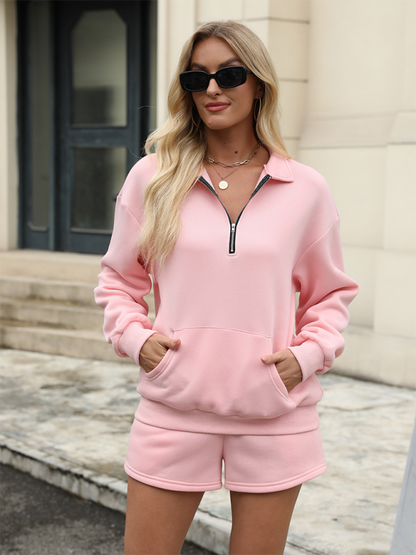 New Three-Quarter Pants Solid Color Insert Pocket Sweater Two-Piece Set