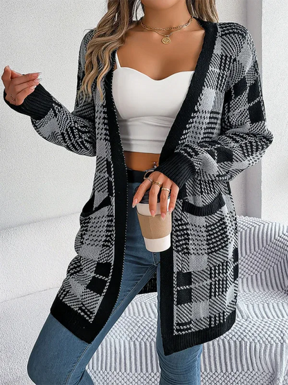Casual Plaid Cardigan Sweater with Pocket and Long Sleeves for Christmas - Shello's Creative Boutique