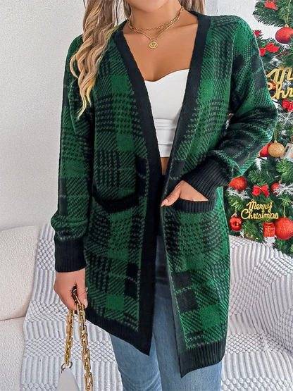 Casual Plaid Cardigan Sweater with Pocket and Long Sleeves for Christmas - Shello's Creative Boutique