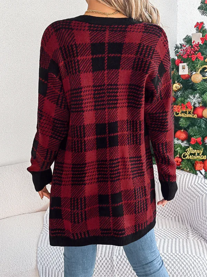 Casual Plaid Cardigan Sweater with Pocket and Long Sleeves for Christmas - Shello's Creative Boutique