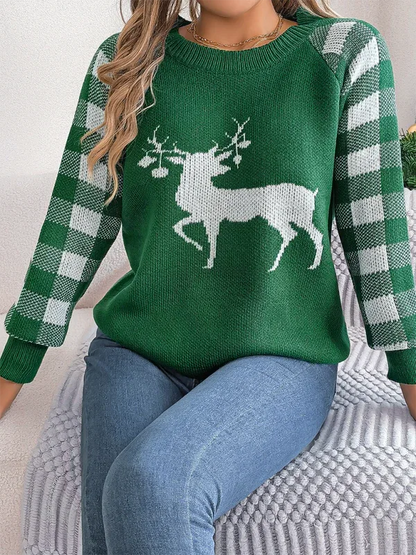 Casual Plaid Deer Sweater Long Sleeve Pullover for Christmas - Shello's Creative Boutique