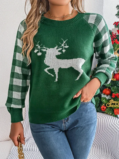 Casual Plaid Deer Sweater Long Sleeve Pullover for Christmas - Shello's Creative Boutique