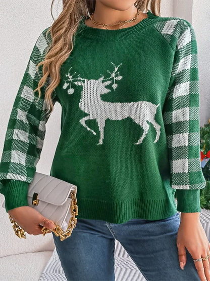 Casual Plaid Deer Sweater Long Sleeve Pullover for Christmas - Shello's Creative Boutique
