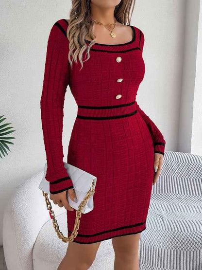 Women's Square Neck Sweater Dress – Elegant and Timeless Sophistication - Shello's Creative Boutique
