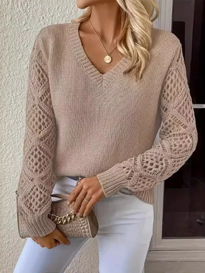 Women's V-Neck Casual Top - Temperament Hollow Long Sleeve Solid Colour for Everyday Elegance - Shello's Creative Boutique