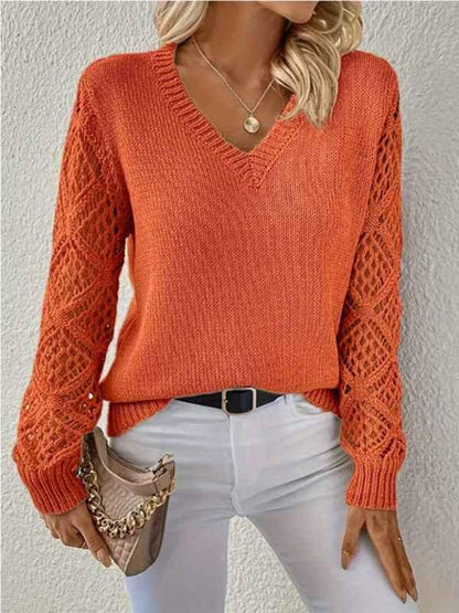 Women's V-Neck Casual Top - Temperament Hollow Long Sleeve Solid Colour for Everyday Elegance - Shello's Creative Boutique