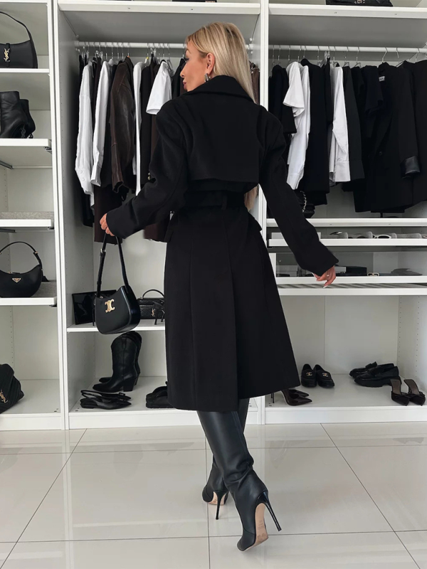 Autumn and winter simple long-sleeved suit collar tie woolen coat