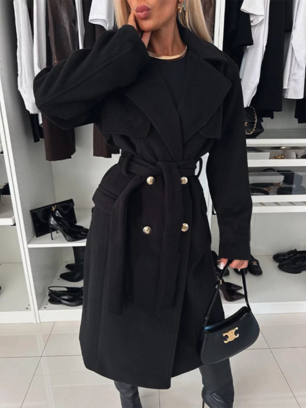 Autumn and winter simple long-sleeved suit collar tie woolen coat