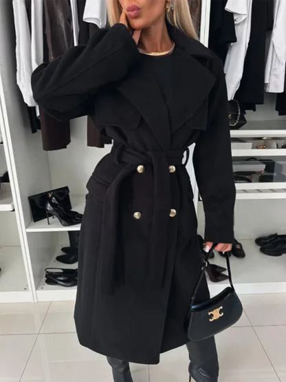 Autumn and Winter Long-Sleeved Woolen Coat with Suit Collar and Tie for Stylish Warmth - Shello's Creative Boutique