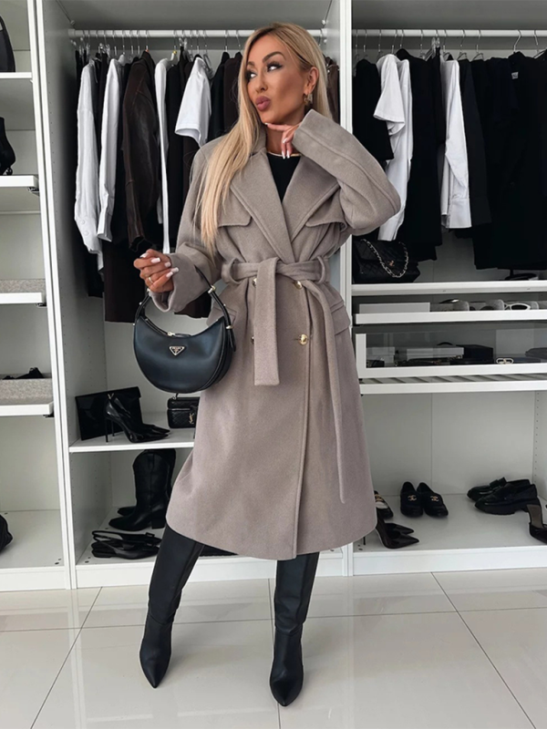 Autumn and winter simple long-sleeved suit collar tie woolen coat