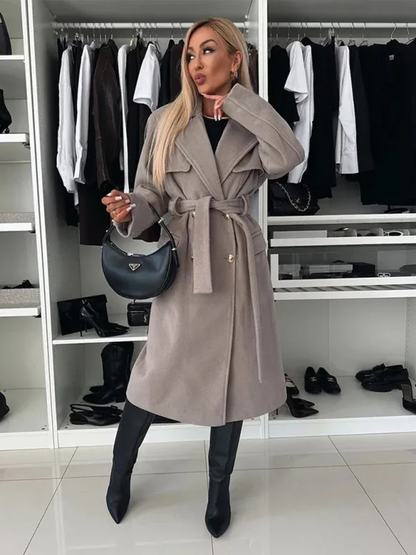 Autumn and Winter Long-Sleeved Woolen Coat with Suit Collar and Tie for Stylish Warmth - Shello's Creative Boutique