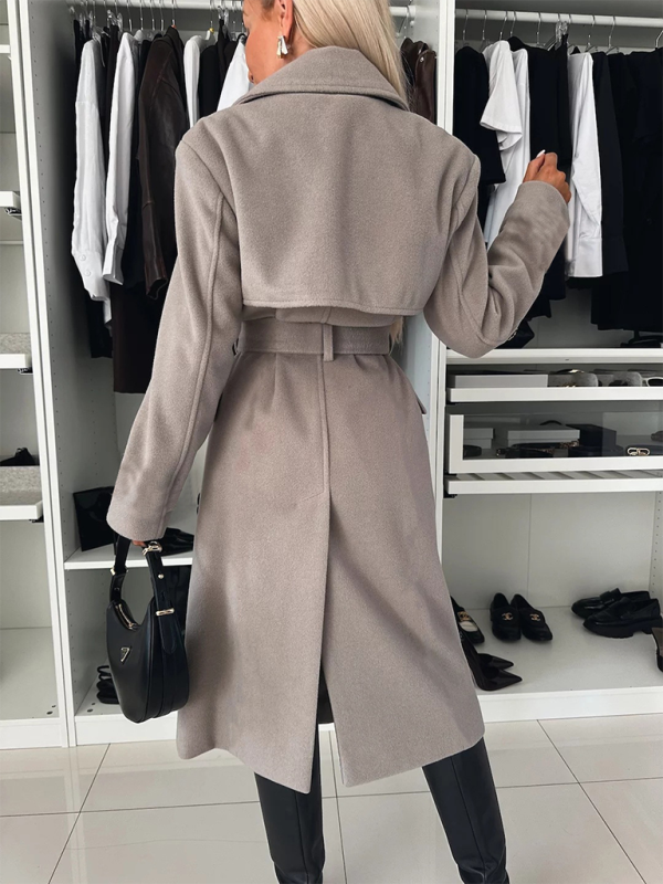 Autumn and winter simple long-sleeved suit collar tie woolen coat
