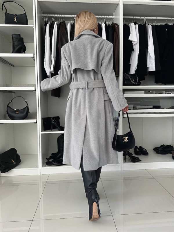 Autumn and winter simple long-sleeved suit collar tie woolen coat