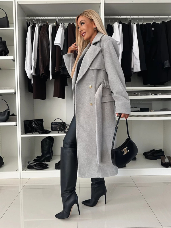 Autumn and winter simple long-sleeved suit collar tie woolen coat