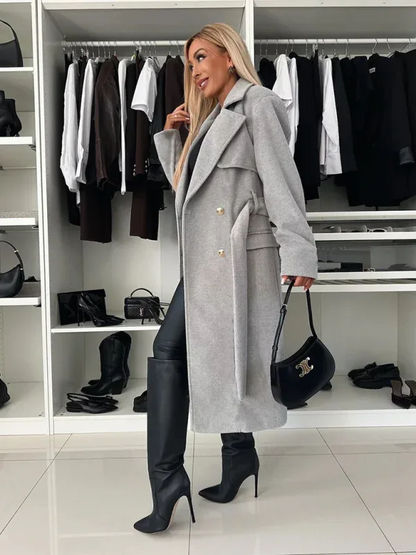 Autumn and Winter Long-Sleeved Woolen Coat with Suit Collar and Tie for Stylish Warmth - Shello's Creative Boutique