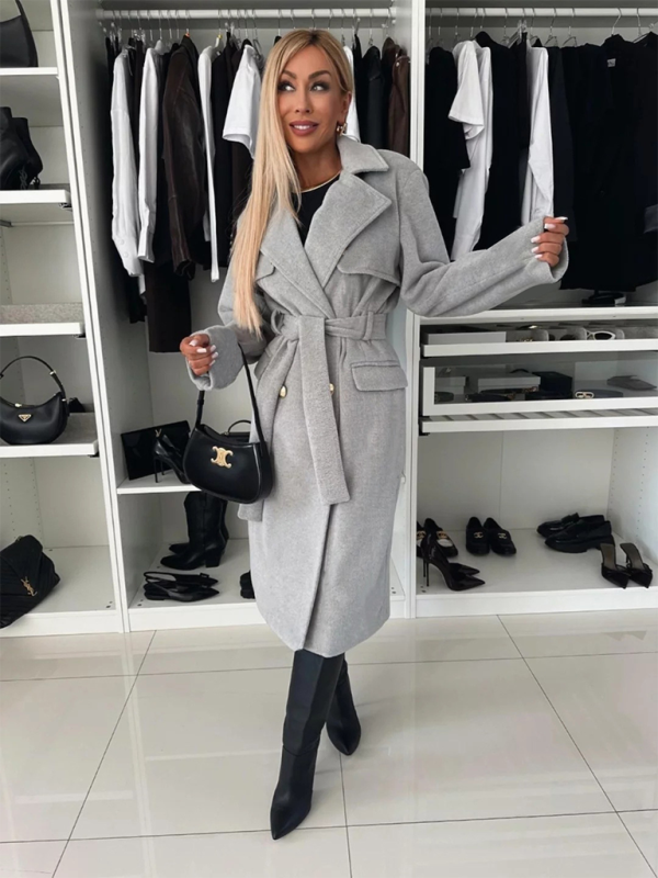 Autumn and winter simple long-sleeved suit collar tie woolen coat