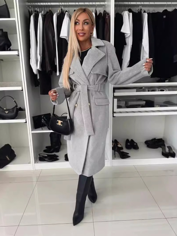 Autumn and winter simple long-sleeved suit collar tie woolen coat