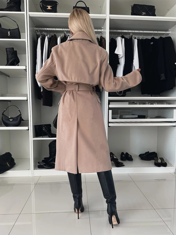 Autumn and winter simple long-sleeved suit collar tie woolen coat