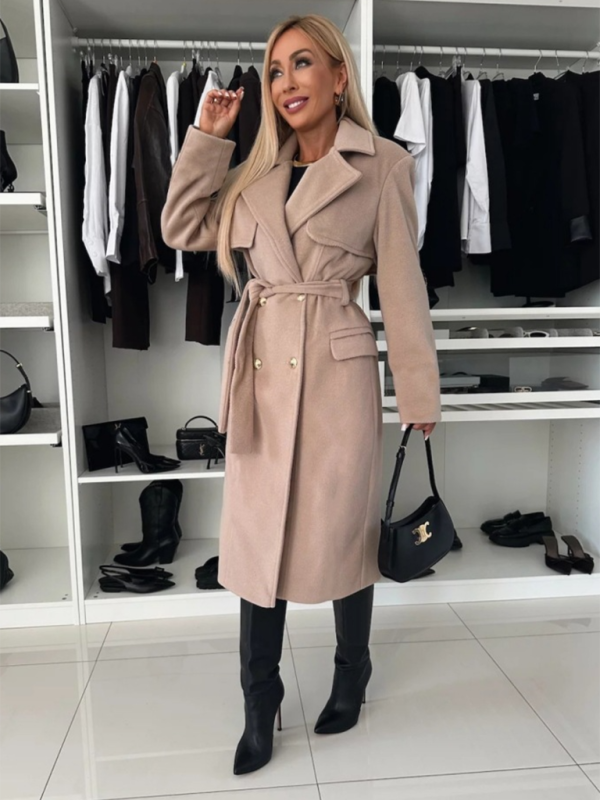 Autumn and winter simple long-sleeved suit collar tie woolen coat