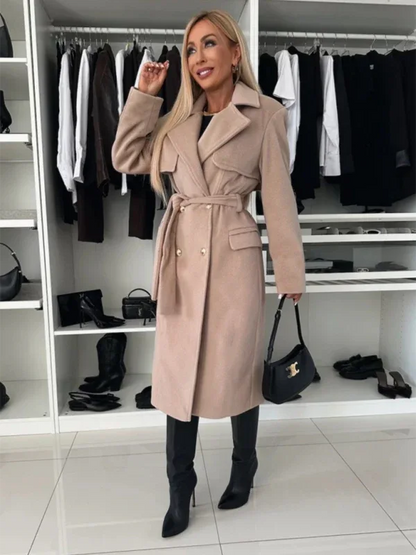 Autumn and Winter Long-Sleeved Woolen Coat with Suit Collar and Tie for Stylish Warmth - Shello's Creative Boutique