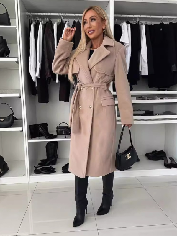 Autumn and winter simple long-sleeved suit collar tie woolen coat