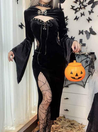 Halloween New Hooded Flare Sleeve Spider Web Dress - Shello's Creative Boutique