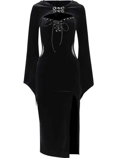 Halloween New Hooded Flare Sleeve Spider Web Dress - Shello's Creative Boutique