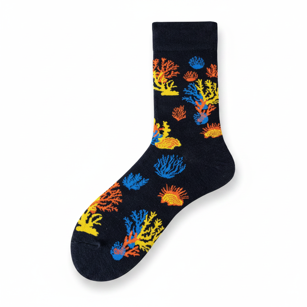 Men's Coral Reef Pattern Socks – Black Base with Orange Yellow and Blue Coral Design