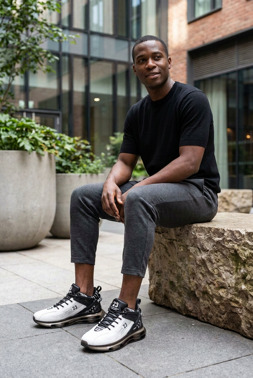 Black male model seated outdoors wearing white-and-black trainers with smoky translucent air-pocket soles.