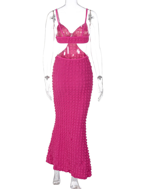 Women's New Solid Color Suspender Sexy Hollow Pure Desire Slim Elegant Long Dress Shello Creative Boutique