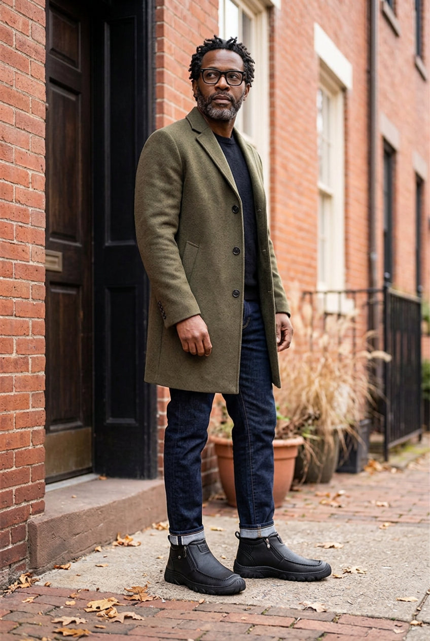 Male model with glasses and a salt-and-pepper beard wearing black zip-up ankle boots