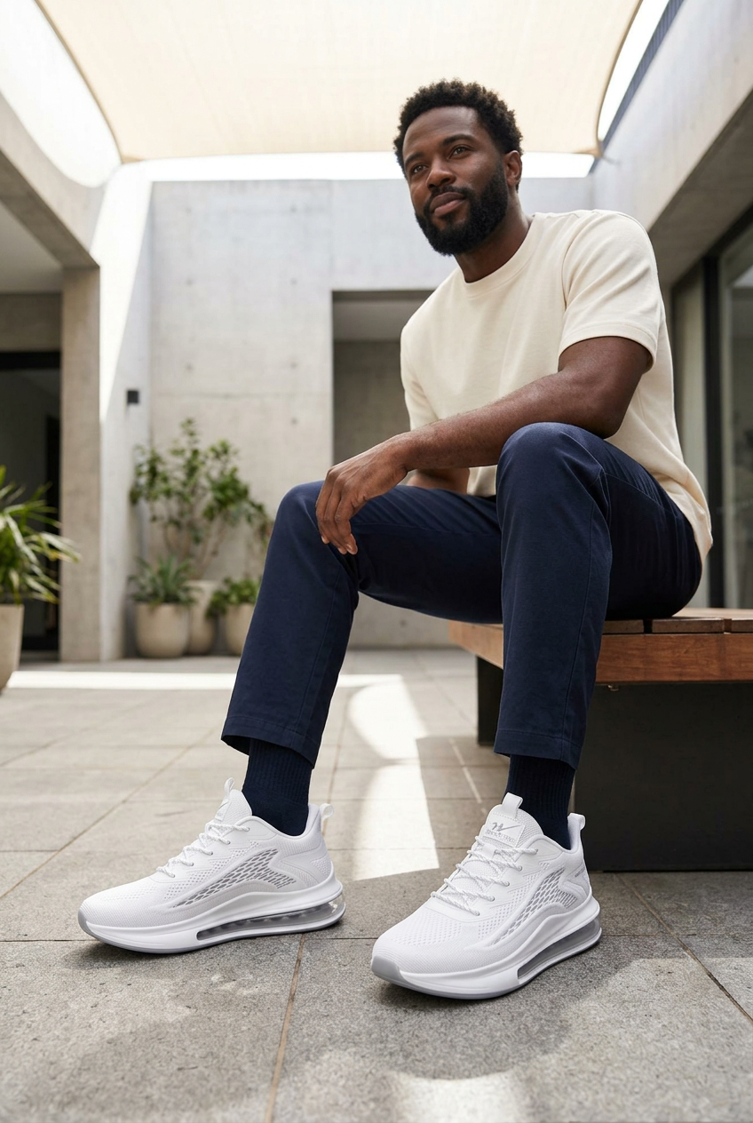 Black male model wearing white knit trainers with visible heel air-window soles