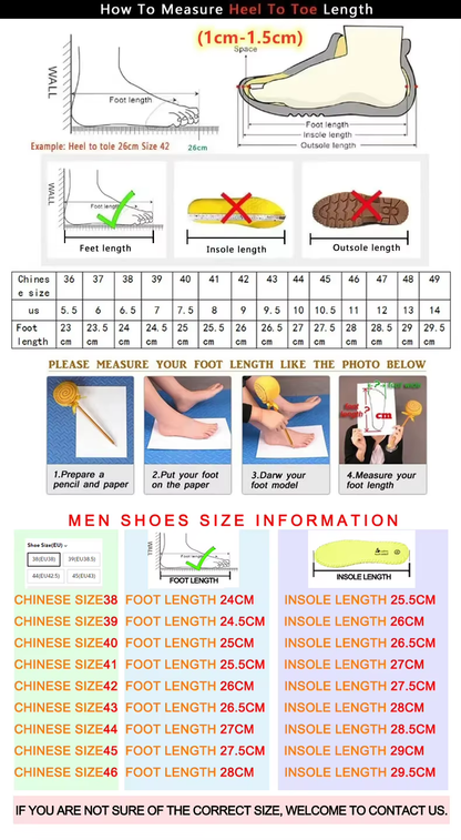 Supplier footwear measuring guide with Chinese sizes and foot lengths; US labels differ from the supplier text table.