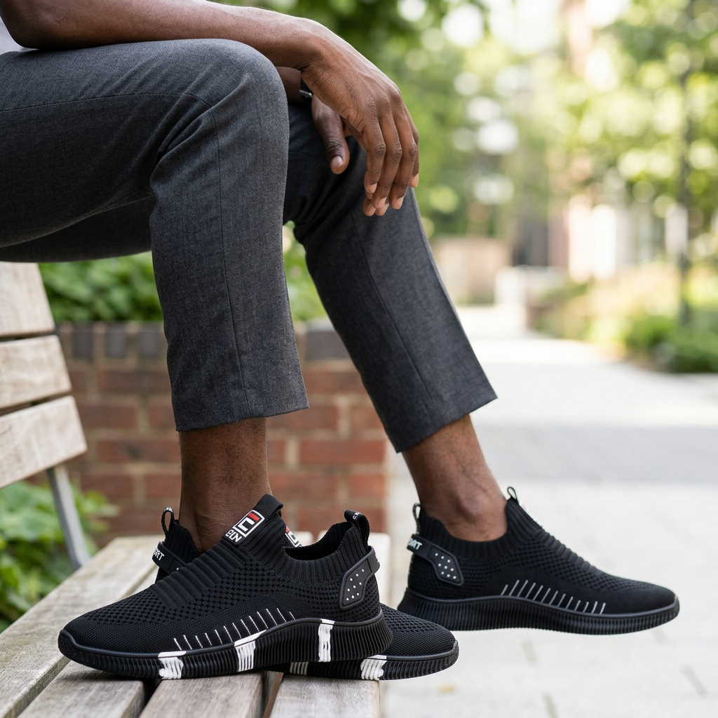 Black male model wearing black knit slip-on trainers with white sole accents