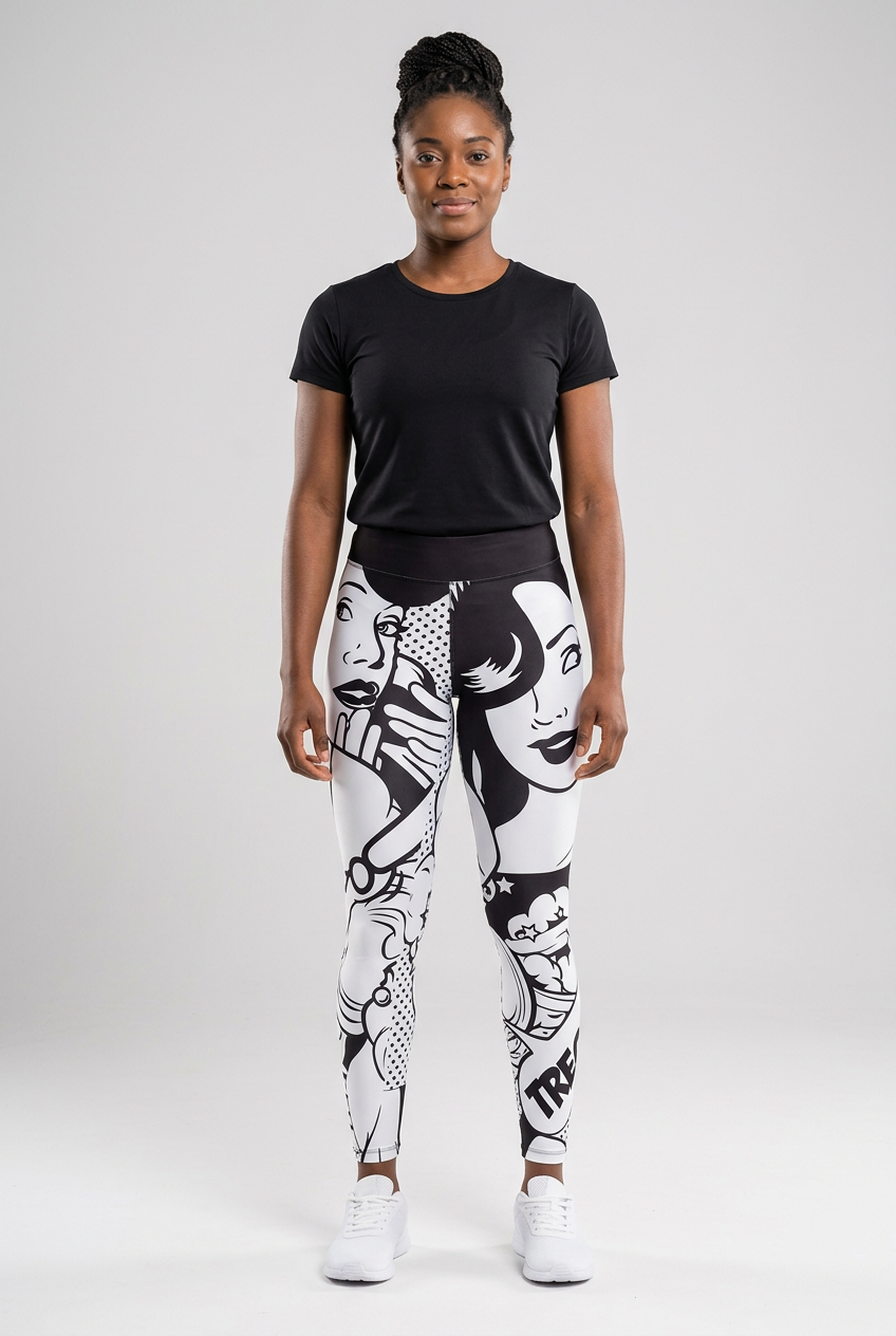 Black model wearing black-and-white pop-art yoga leggings with a plain black top