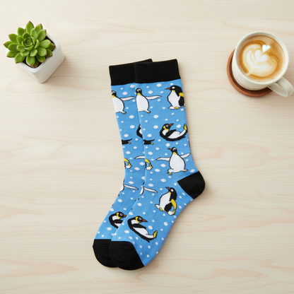 Cute Penguin Mid-Calf Socks flat lay lifestyle