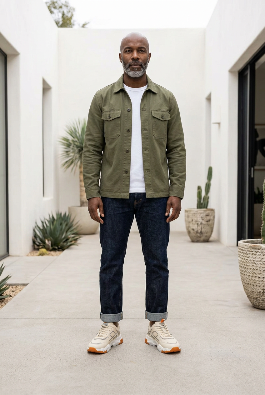 Black male model with bald head and beard wearing beige mesh trainers