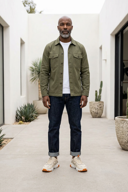 Black male model with bald head and beard wearing beige mesh trainers