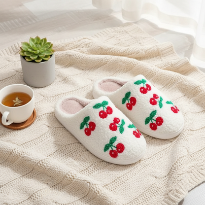 Women's Cute Cherry Cotton Slippers – lifestyle flat lay