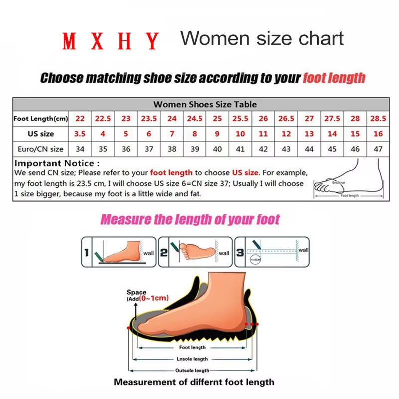 Supplier shoe size chart showing foot lengths, US whole sizes and Euro/CN sizes; half sizes are not listed.