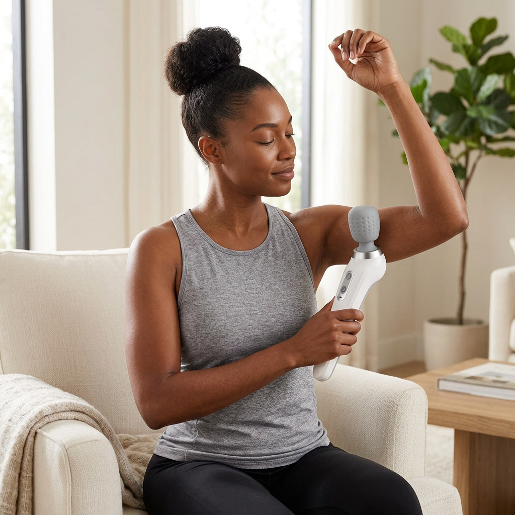 Black woman using the white handheld electric massage hammer on her upper arm
